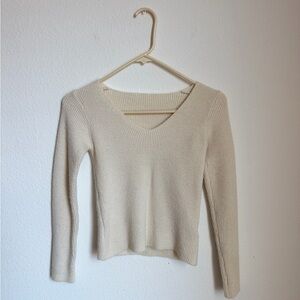 Cream Ribbed V-Neck Sweater top